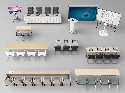 Various Conference Table Layouts With Chairs And Meeting Room Equipment 3d model