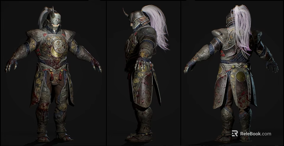 Armored Game Movie Character With Detailed Battle Worn Armor And White Hair 3d model 