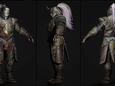 Armored Game Movie Character With Detailed Battle Worn Armor And White Hair 3d model