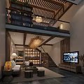 Traditional Wooden Hotel Room Interior With Hanging Lamp King Bed And Wooden Floor