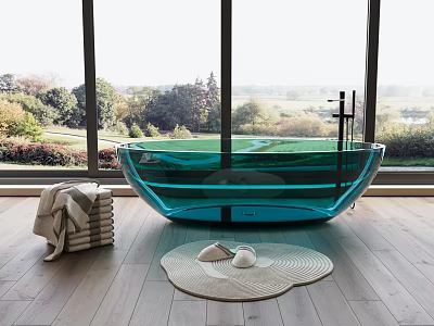 Transparent Green Bathtub in Room with Large Windows Scenic View Wooden Floor Towels and Slippers 3d model