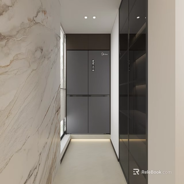 Modern Built-in Refrigerator Freezer In Sleek Kitchen With Marble Accents And Cabinets 3d model 