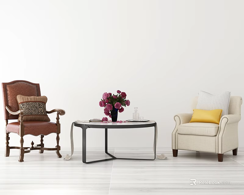 Casual Sofa Set With Accent Chairs Coffee Table Decorative Flowers And Throw Pillows 3d model