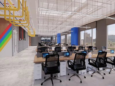 Modern Public Office Space With Grid Ceiling Open Desks Blue Pillars And Large Windows 3d model
