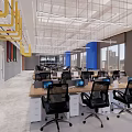 Modern Public Office Space With Grid Ceiling Open Desks Blue Pillars And Large Windows 3d model