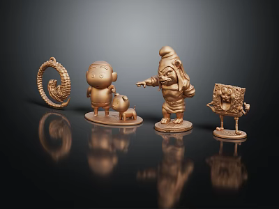Golden Character Figurines Collection With Small Dog Various Poses And Artwork 3d model