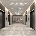 Spacious Modern Elevator Lobby Design With Marble Flooring Perforated Ceiling And Lighting 3d model