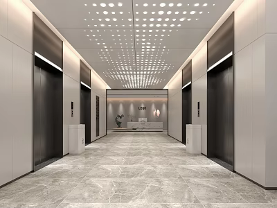 Spacious Modern Elevator Lobby Design With Marble Flooring Perforated Ceiling And Lighting 3d model