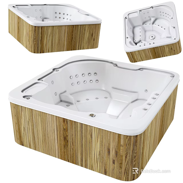 Square Wooden Frame White Interior Jetted Massage Spa Bathtub Design 3d model 