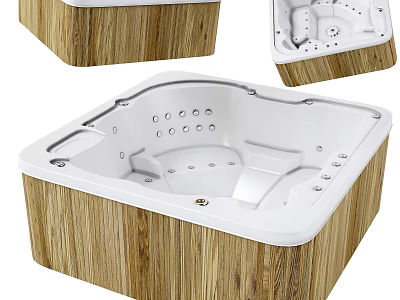 Square Wooden Frame White Interior Jetted Massage Spa Bathtub Design 3d model