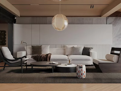 Modern Living Room Interior With White Sofa Black Armchairs Coffee Tables Rug And Pendant Lamp 3d model