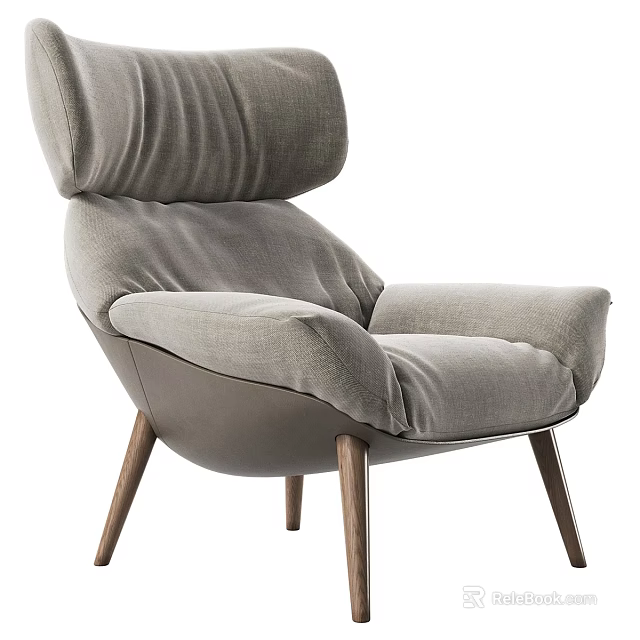 Modern Grey Fabric Single Seater Sofa With High Backrest And Wooden Legs 3d model 