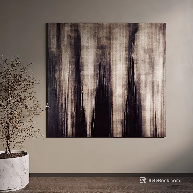 Large Abstract Wall Art With Potted Tree In Neutral Room 3d model