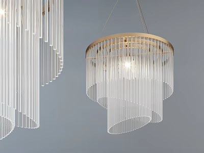 Modern Crystal Chandelier in Open Kitchen Interior with Gold Frame and Hanging Glass Strips 3d model