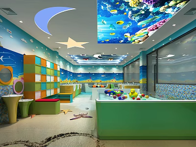Vibrant Kids Swimming Pool With Ocean Creatures Ceiling Sand Patterns And Colorful Balls 3d model
