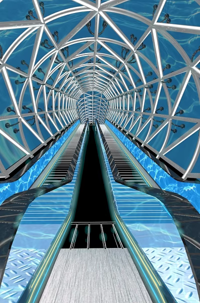 Modern Elevator Corridor With Metallic Frames Blue Lighting And Futuristic Design 3d model