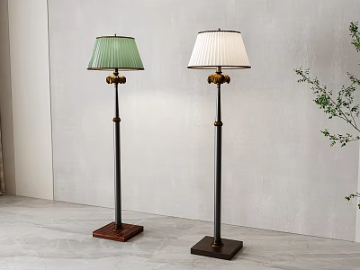 Two Modern Floor Lamps With Green And White Lampshades Black Posts And Wooden Bases 3d model