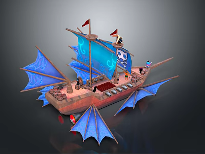 Detailed Pirate Ship Model Featuring Blue Wings Red Flags And Skull Symbol 3d model