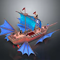 Detailed Pirate Ship Model Featuring Blue Wings Red Flags And Skull Symbol
