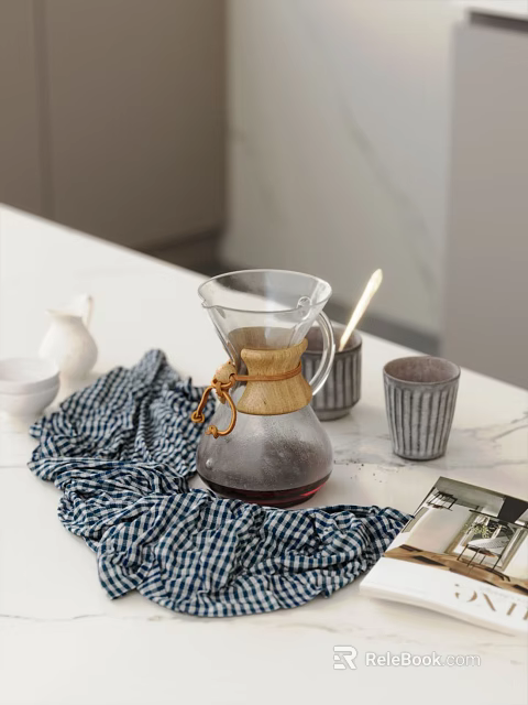 Elegant Tableware Set With Glass Coffee Pot Bamboo Accents And Checkered Cloth On Marble Countertop 3d model 