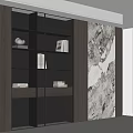 Modern Study Room With Glass Door Bookshelf Books Decorative Items And Marble Accent Wall