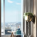 Bonsai Plant in Gold Pot on Metal Stand by Large Window with City View