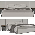 Modern Double Bed With Grey Upholstered Headboard Linen Bedding And Wooden Bedside Tables