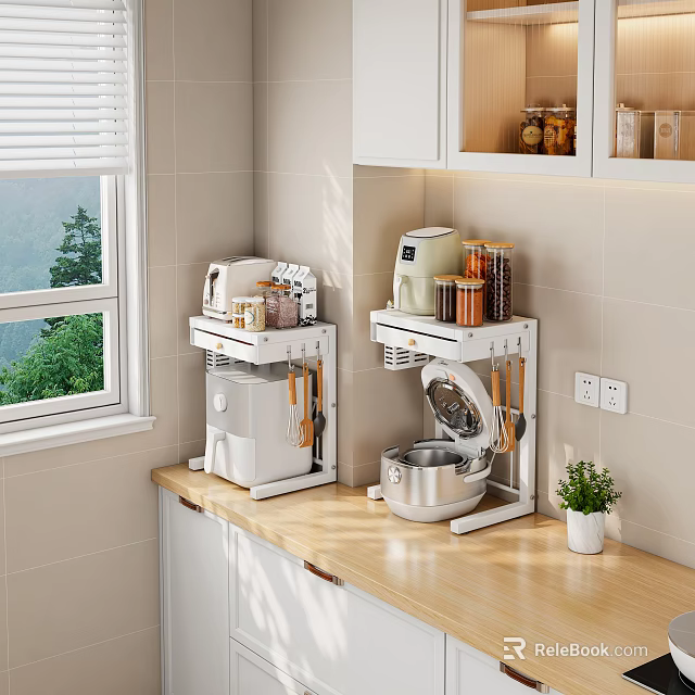 Kitchen With Window View White Shelves Displaying Various Kitchen Appliances On Countertop 3d model