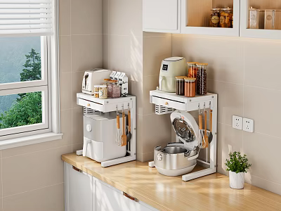 Kitchen With Window View White Shelves Displaying Various Kitchen Appliances On Countertop 3d model