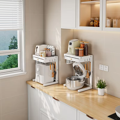 Kitchen With Window View White Shelves Displaying Various Kitchen Appliances On Countertop 3d model