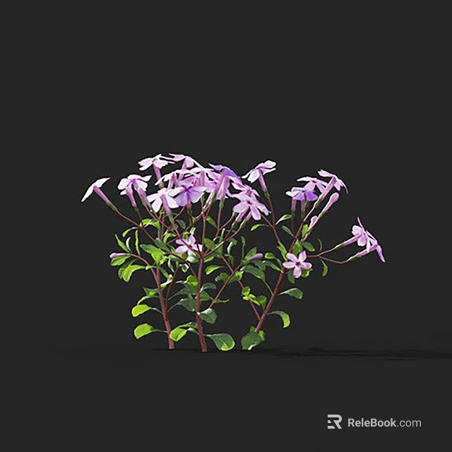 Blooming Purple Flowers With Green Leaves And Red Stems On Black Background 3d model 