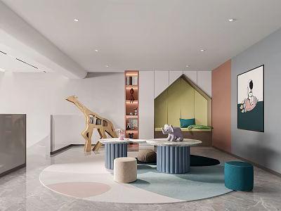 Kids Playroom Interior With Giraffe Decor Bookshelf Yellow Nook Round Rug And Colorful Stools 3d model