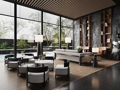 Modern Spacious Sales Office Interior With Large Windows Sofa Seating And Green Plants 3d model