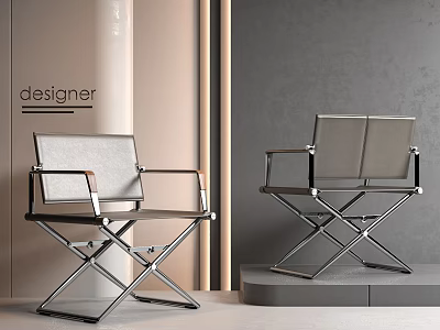 Designer Director's Chairs With Metal Frame And Gray Upholstery In Minimalist Setting 3d model
