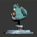 Teal Horned 3D Cartoon Creature With Orange Eyes Standing On Ice Base Platform