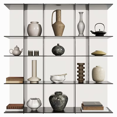 Assorted Ceramic Vessels Featuring Vases Teapots Jars And Bowls On Glass Shelves 3d model