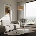 Modern Beige Sofa And Coffee Table Set With Floor Lamp Geometric Artwork And Dried Flowers