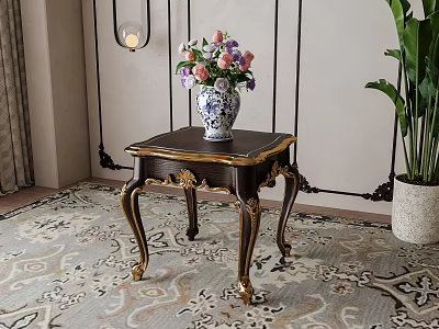 Elegant Dark Wood Side Table With Golden Carved Legs And Floral Vase On Patterned Rug 3d model