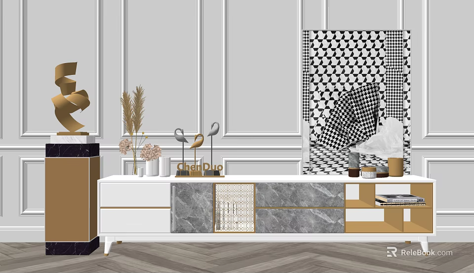 Luxury Modern TV Stand Design With Marble Panels And Geometric Pattern Backdrop 3d model