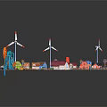 Colorful Cartoon Scene With Playful Houses Wind Turbines Oil Rig And Small Structures