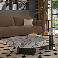 Stylish Brown Sofa and Marble Coffee Table Set with Cushions and Geometric Rug
