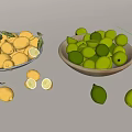 Fresh Lemons on White Plate and Limes in Wooden Bowl with Scattered Fruits