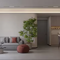 Modern Living and Dining Room Interior With TV Wall Gray Cabinets Red Round Pouf And Coffee Tables