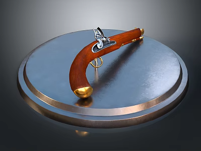 Detailed Handgun Carving With Wooden Handle And Metal Components On Metal Plate 3d model