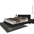 Modern Leather Double Bed With Pillows Brown Blanket Nightstands Lamp And Checkered Rug