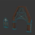 Wooden Architectural Truss Arch Frame With Intricate Detail And Small Cabinet