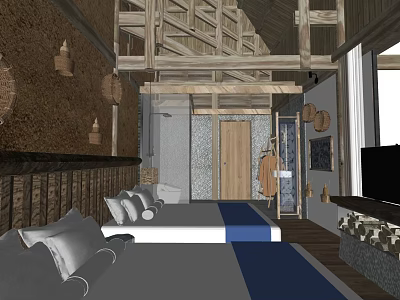 Rustic Hotel Room With Wooden Beams Gray Blue Bedding Stone Wall And Hanging Lanterns 3d model