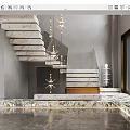 Modern Marble Staircase Interior With Gray Walls Glass Railing And Chandeliers