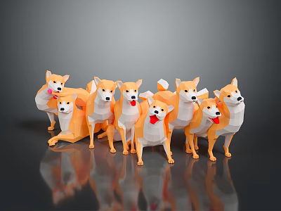 Multiple Low Poly Shiba Inu Game Movie Characters With Red Bowties Dark Background Reflections 3d model