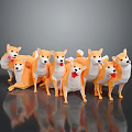 Multiple Low Poly Shiba Inu Game Movie Characters With Red Bowties Dark Background Reflections